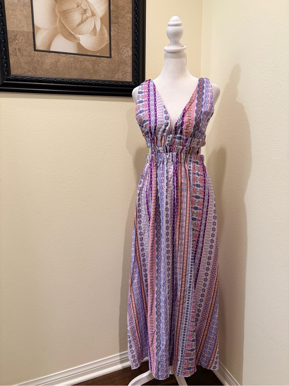 Meet Me In Santorini Boho Lavender Multi-Stripe Maxi Dress - V-Neck size XS NWT
